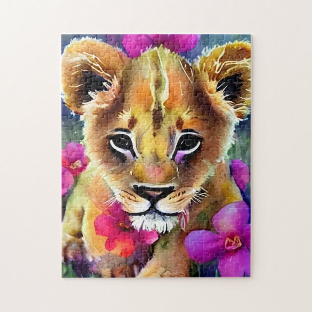 Cute Lion Cub Surrounded by Flowers Jigsaw Puzzle (Vertical)