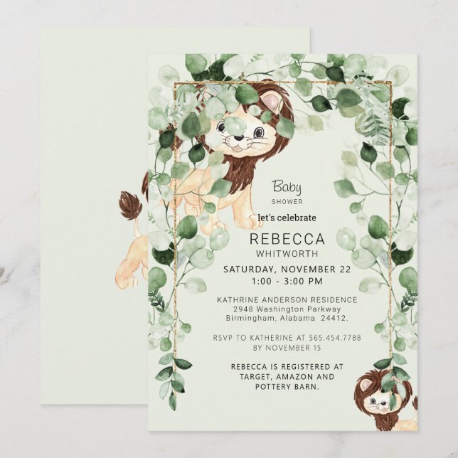 Cute Lion Eucalyptus Baby Shower Foliage Mint Invitation (Front/Back)