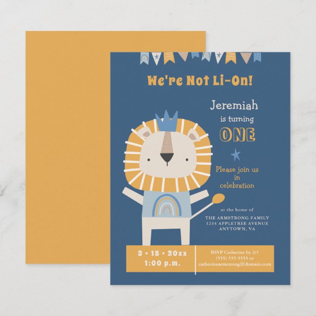Cute Lion First Year Boy Birthday Party Invitation (Front/Back)