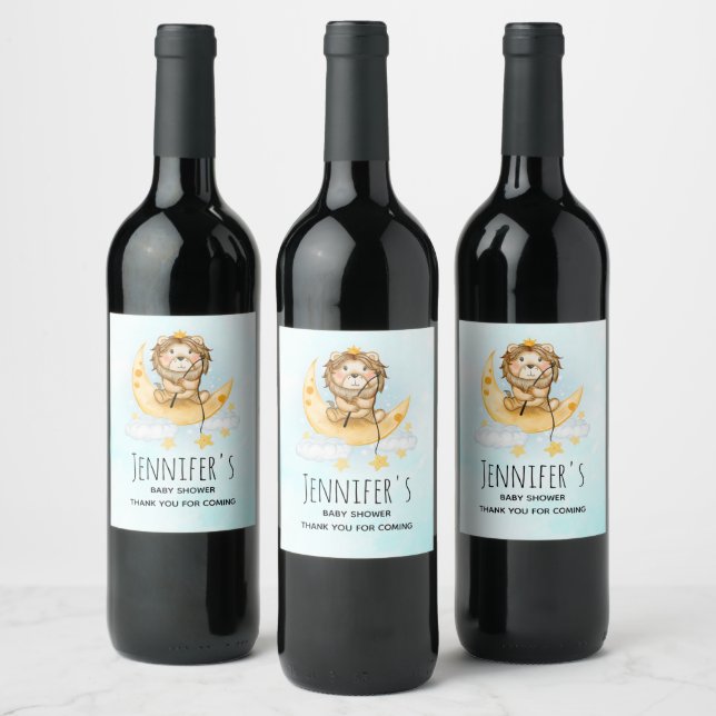 Cute Lion Fishing on the Moon Baby Shower Wine Label (Bottles)