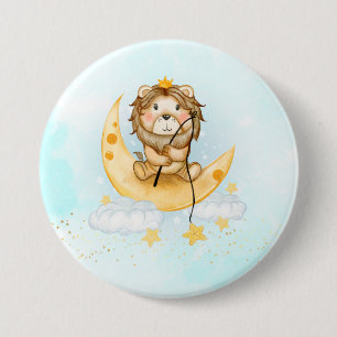 Cute Lion Fishing on the Moon Watercolor 3 Inch Round Button