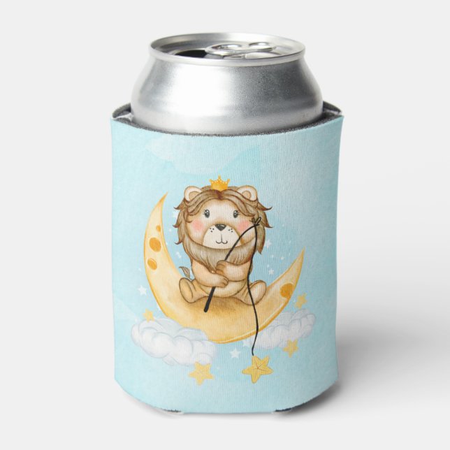 Cute Lion Fishing on the Moon Watercolor Can Cooler (Can Front)