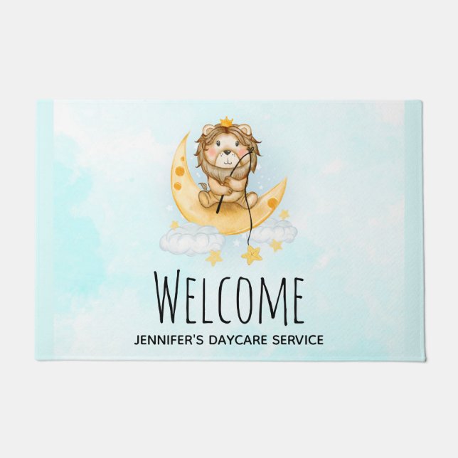Cute Lion Fishing on the Moon Watercolor Doormat (Front)