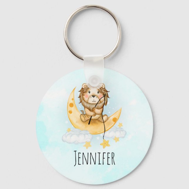 Cute Lion Fishing on the Moon Watercolor Keychain (Front)