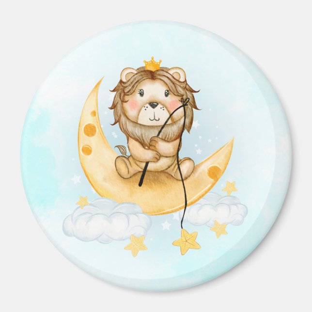 Cute Lion Fishing on the Moon Watercolor Magnet (Front)