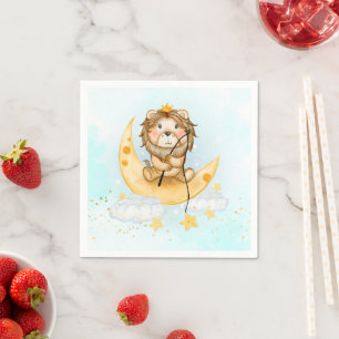 Cute Lion Fishing on the Moon Watercolor Napkin