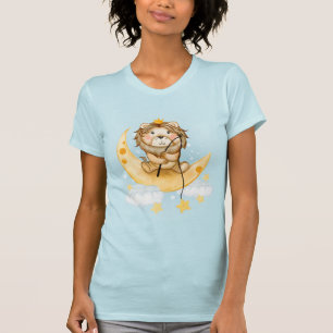 Cute Lion Fishing on the Moon Watercolor T-Shirt