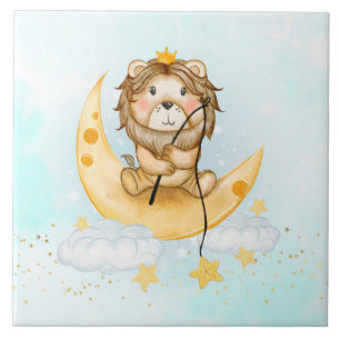 Cute Lion Fishing on the Moon Watercolor Tile