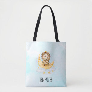 Cute Lion Fishing on the Moon Watercolor Tote Bag