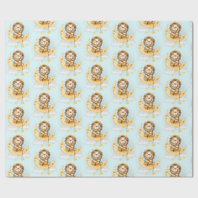 Cute Lion Fishing on the Moon Watercolor Wrapping Paper (Flat)