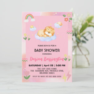 Cute lion Flower balloon baby shower party girls Invitation