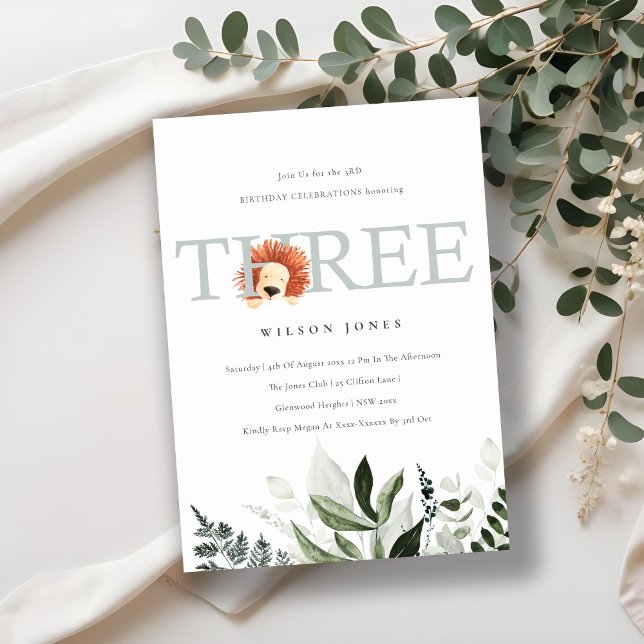 Cute Lion Foliage 3rd Third Birthday Party Invite (Creator Uploaded)