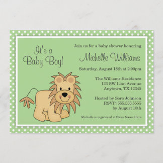 Cute Lion Green Polka Dots Baby Shower Invitation
