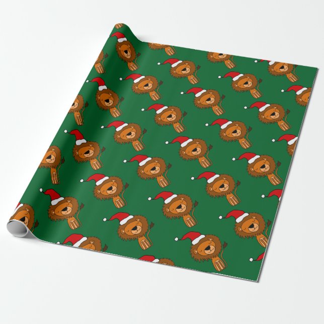 Cute Lion in Santa Hat Christmas Cartoon Wrapping Paper (Unrolled)