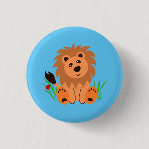 Cute lion in the grass with ladybug   1 inch round button