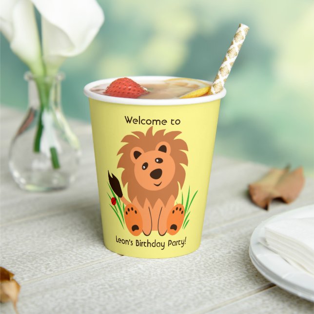 Cute lion in the grass with ladybug, kids birthday paper cups (Insitu)
