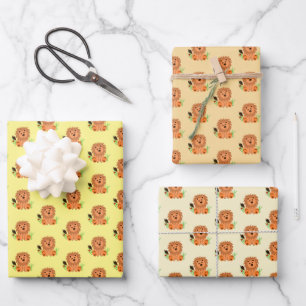 Cute lion in the grass with ladybug kids  wrapping paper sheet