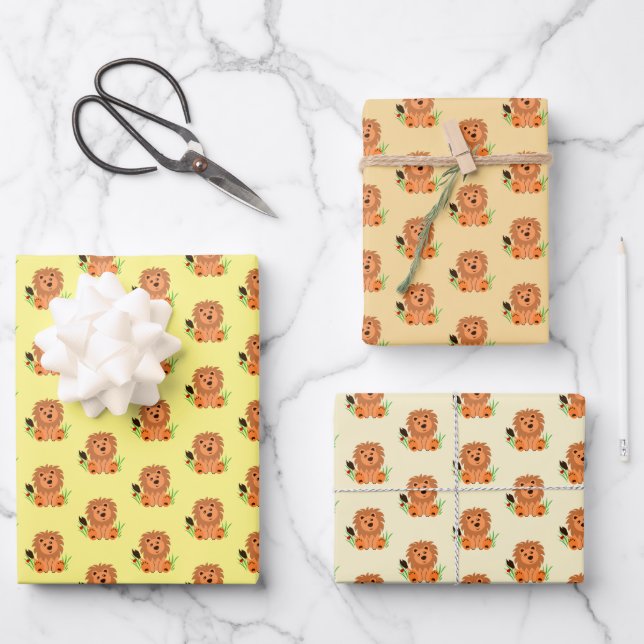 Cute lion in the grass with ladybug kids  wrapping paper sheet (Front)