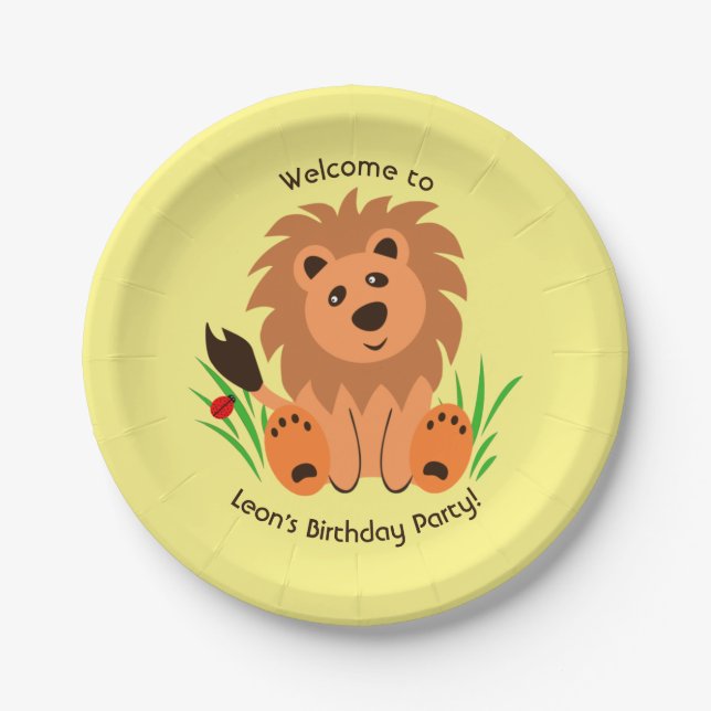 Cute lion in the grass with ladybug Paper Plate (Front)