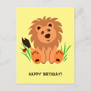 Cute lion in the grass with ladybug    postcard