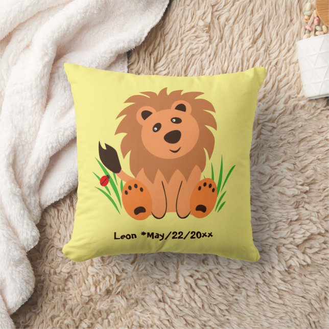 Cute lion in the grass with ladybug      throw pillow (Blanket)