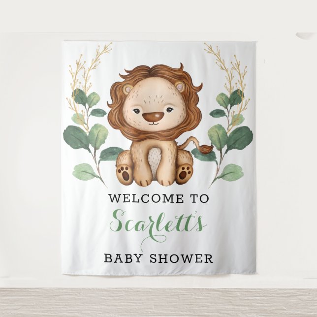 Cute Lion Jungle King Greenery Baby Shower Welcome Tapestry (Front)