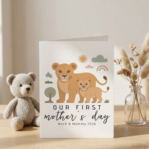 Cute Lion Mom Baby First Mothers Day Illustration Card