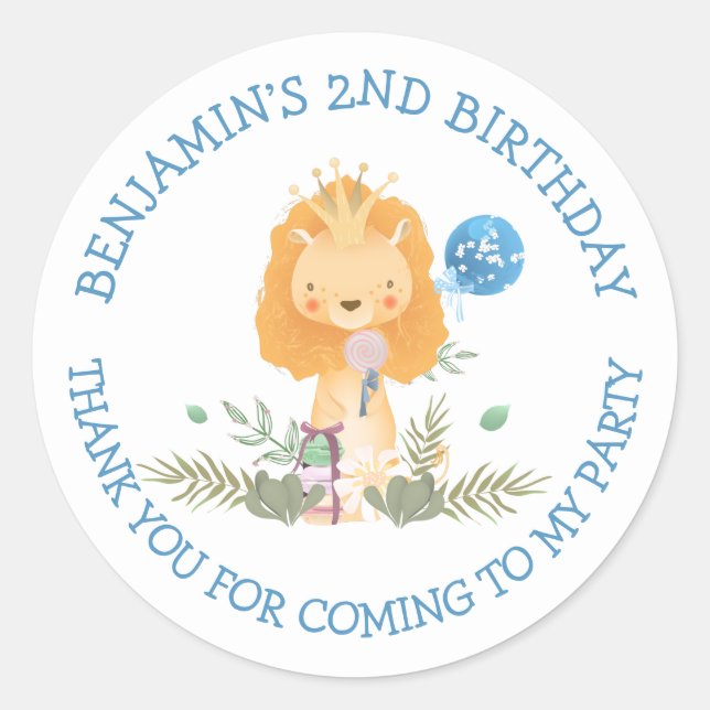 Cute Lion Name Thank you Boy 2nd Birthday Classic Round Sticker (Front)