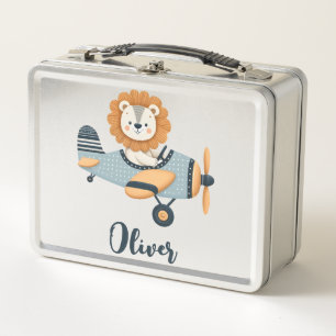 Cute Lion on Charming Airplane Personalized Metal Lunch Box
