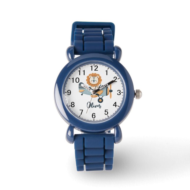 Cute Lion on Charming Airplane Personalized Watch (Front)