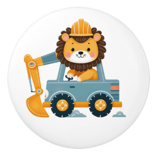 Cute Lion on Excavator Personalized Ceramic Knob