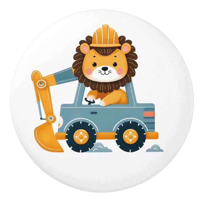 Cute Lion on Excavator Personalized Ceramic Knob (Front)