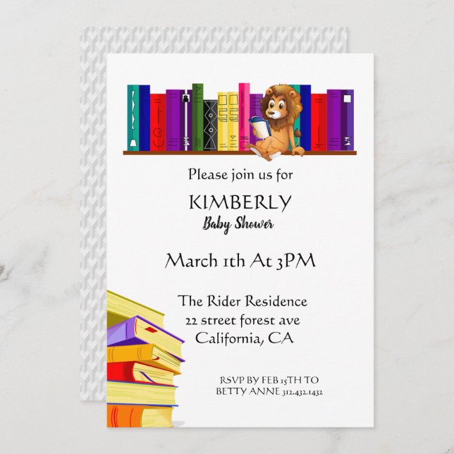 Cute Lion On Library Baby Shower Invitation (Front/Back)