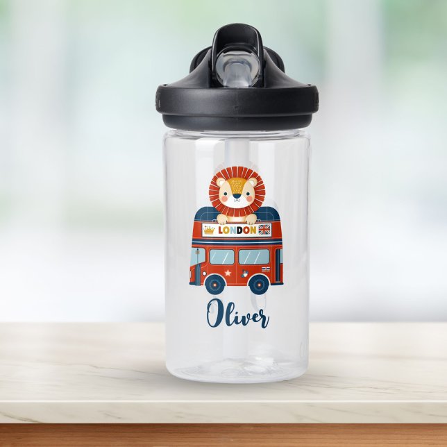 Cute Lion on London Double-deck Bus Water Bottle (Creator Uploaded)