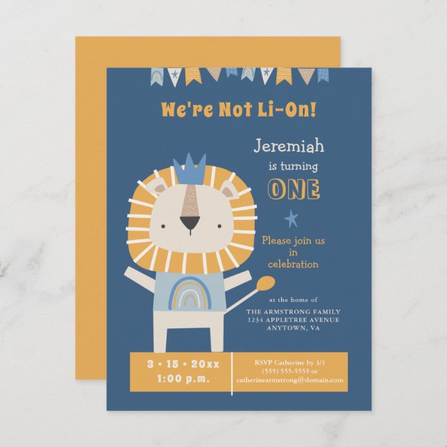 Cute Lion One Year Boy Birthday Party Invitation (Front/Back)