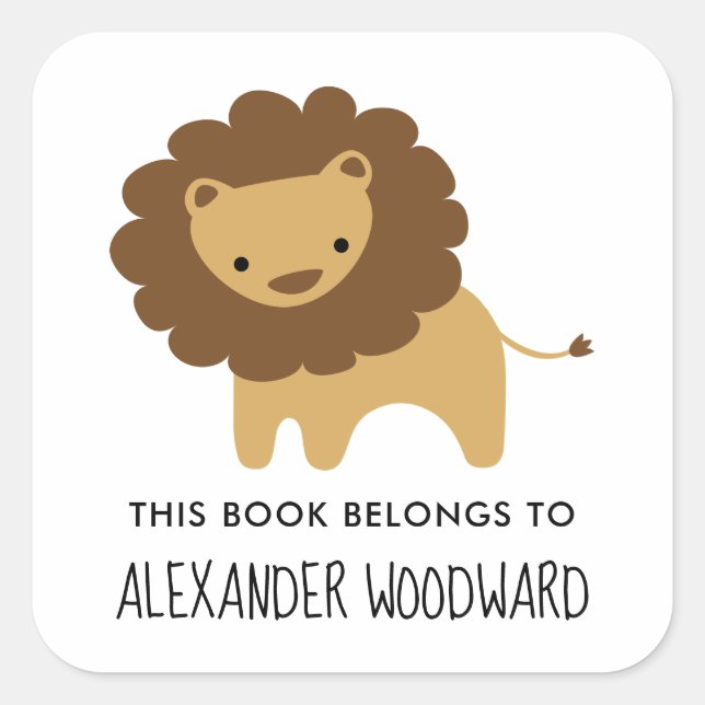 Cute Lion Personalized Kids Bookplate Square Sticker (Front)