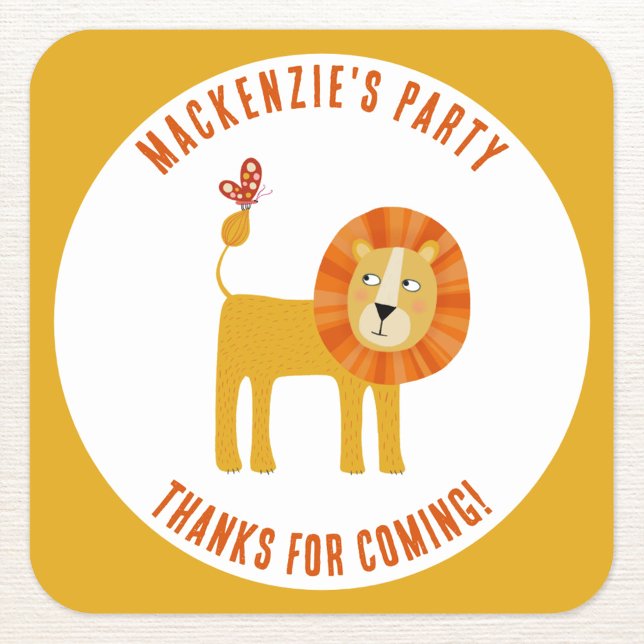 Cute Lion Personalized Thank You Square Sticker (Cute lion personalized custom name and text party thank you sticker)