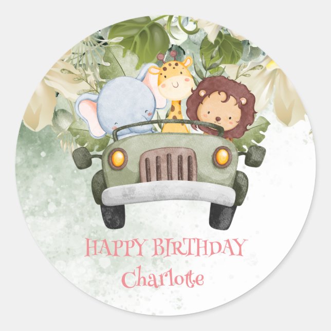 Cute lion race car Safari jungle Birthday party Classic Round Sticker (Front)