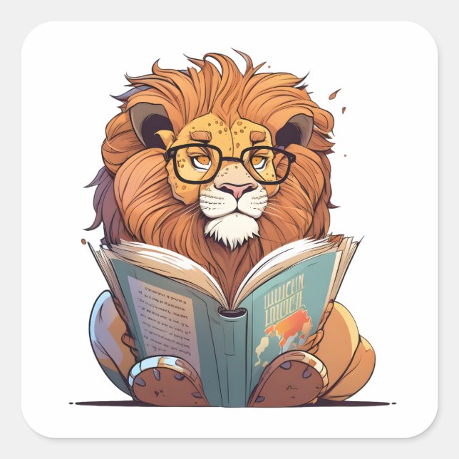  Cute Lion Reading Book, Wild About Reading Square Sticker (Front)