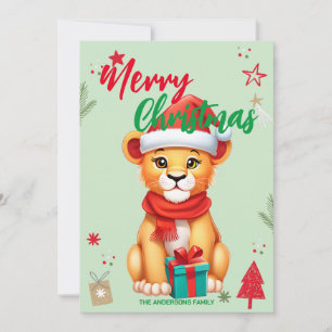 Cute lion santa Christmas Holiday Family name Card