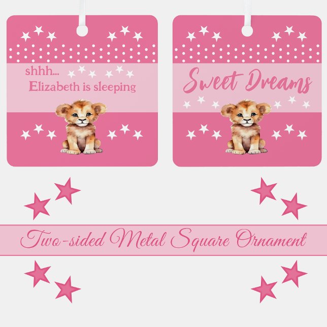 Cute lion shhh add name is sleeping pink metal ornament (Creator Uploaded)