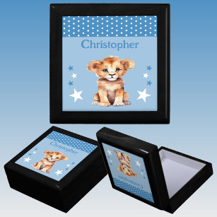 Cute lion stars add name blue keepsake gift box