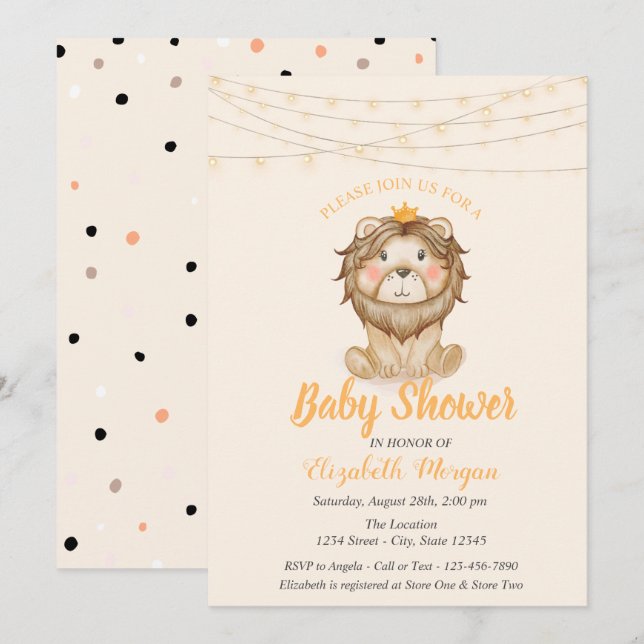 Cute Lion, String Lights,Dots Baby Shower Invitation (Front/Back)