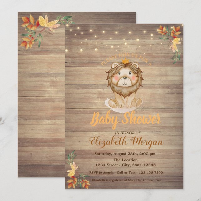 Cute Lion String Lights,Wood Texture Baby Shower Invitation (Front/Back)