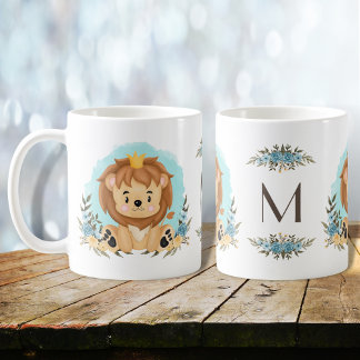 Cute Lion Wearing Crown Charming Floral Monogram Coffee Mug
