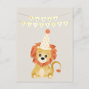 Cute Lion Wearing Party Hat Birthday Banner Roar Postcard