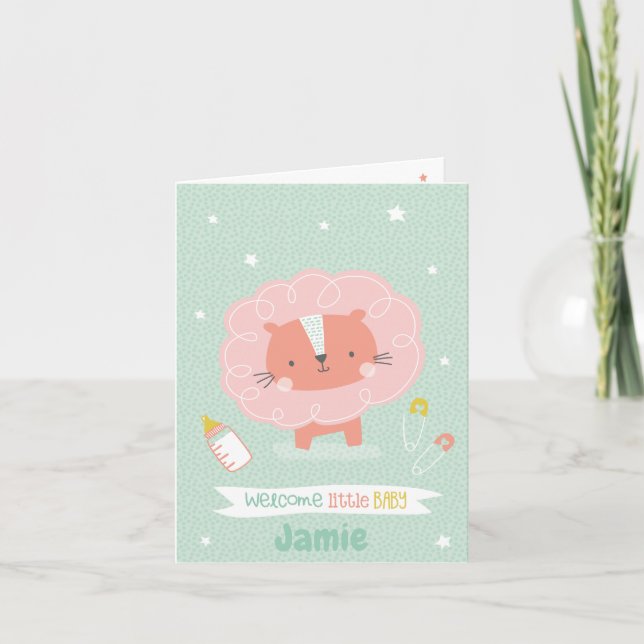 Cute Lion welcome little baby on mint  Card (Front)