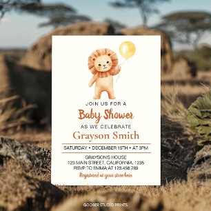 Cute Lion Yellow Balloon Boys Baby Shower Invitation