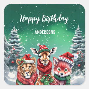 Cute lion zoo Christmas tree birthday girl party Square Sticker