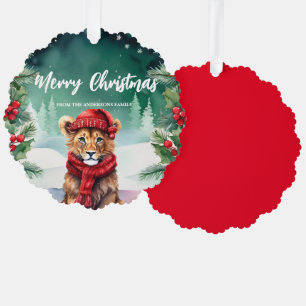 Cute Lion zoo Santa Xmas Holiday Party Family Kid Ornament Card